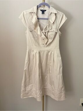 White House Black Market Khaki Ruffle-Front Cap Sleeve Dress, size 6